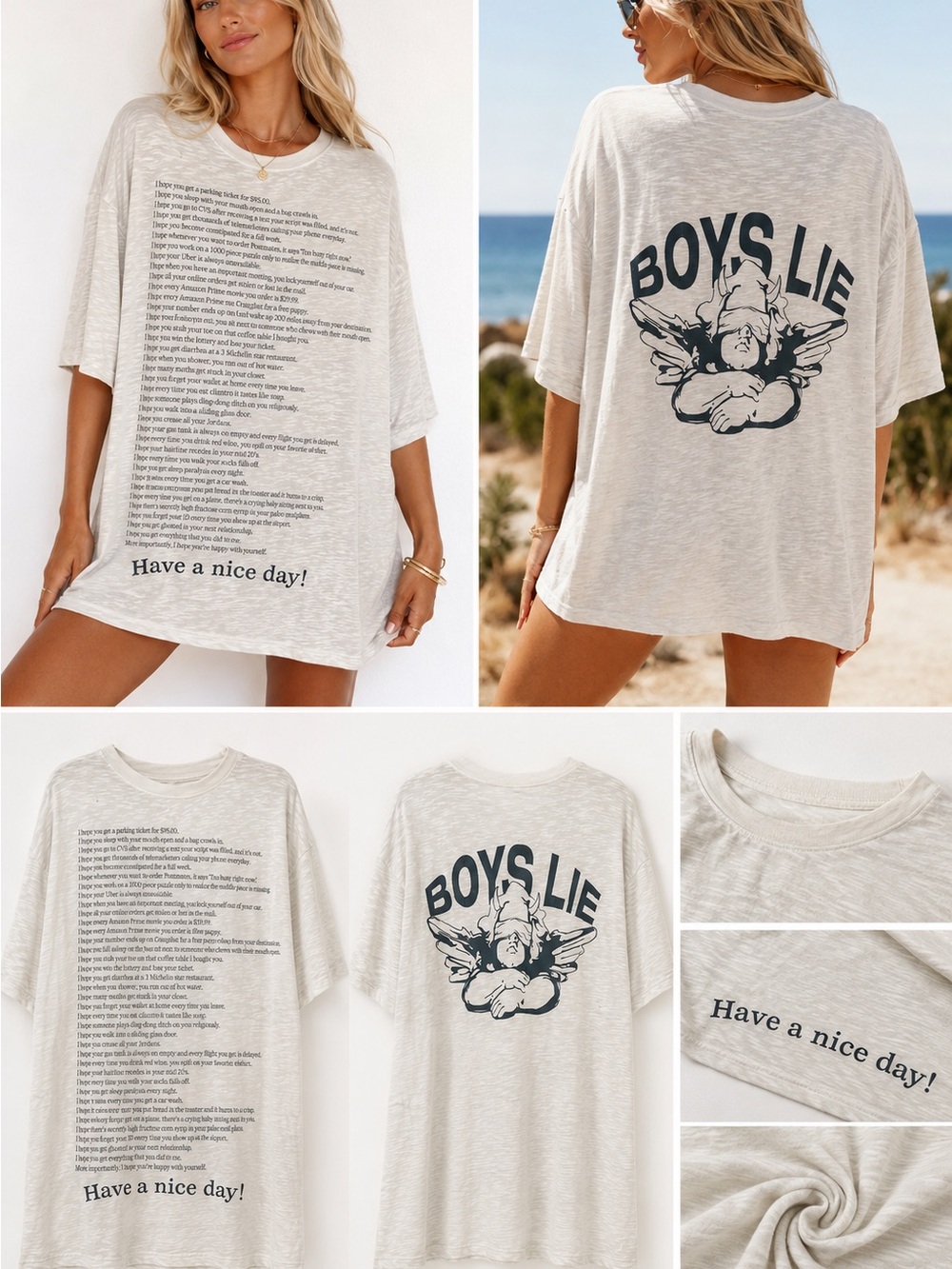 Boys Lie Graphic Tee - Light Heather Cream with Black Print